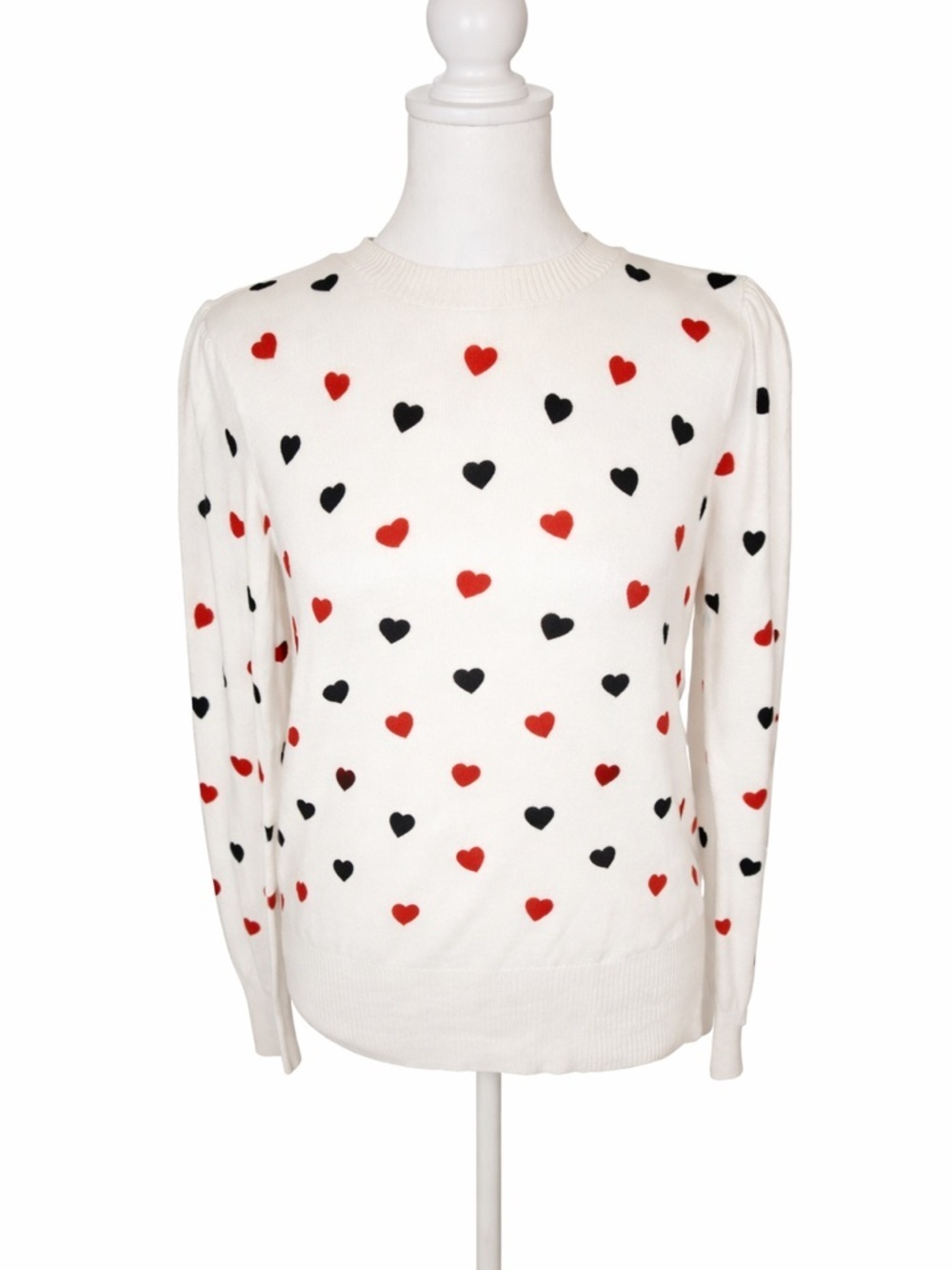 White Heart Print Crewneck Sweater - Red & Black Hearts
